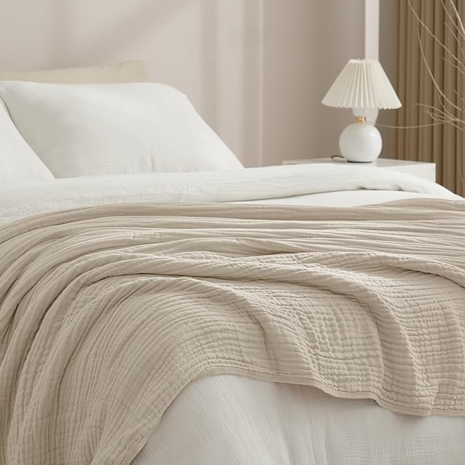 PHF Cooling Muslin Blanket Twin Size 60"x80", 6-Layer Lightweight Gauze Blanket Made from 35% Rayon Derived from Bamboo & 65% Cotton, Breathable & Ultra Soft Cozy, Aesthetic Home Decor, French Oak