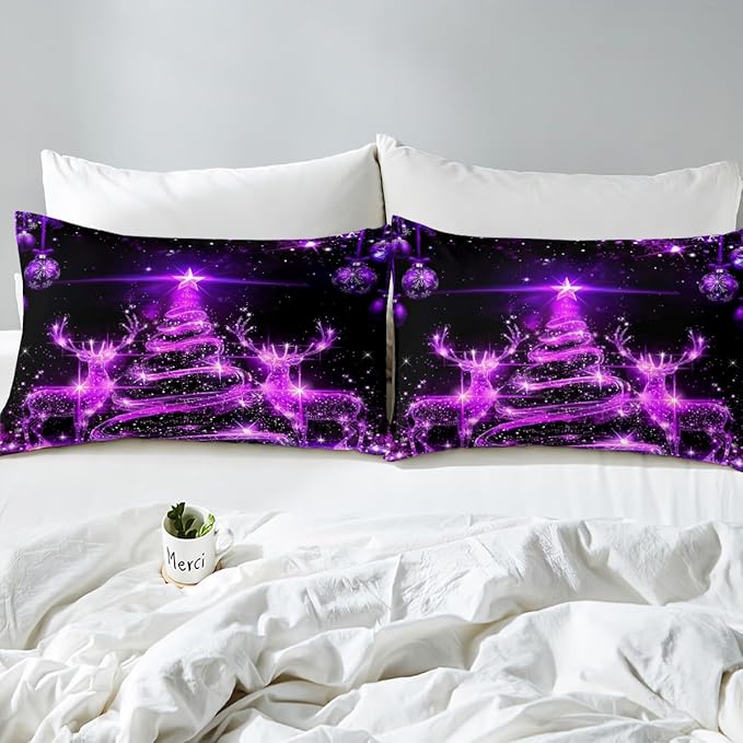 Manfei Christmas Tree Duvet Cover Set Twin Size Purple Twinkling Deer Comforter Cover Western New Year Bedding Set 2pcs for Kids Boys Girls Christmas Theme Quilt Cover with 1 Pillowcase,No Comforter