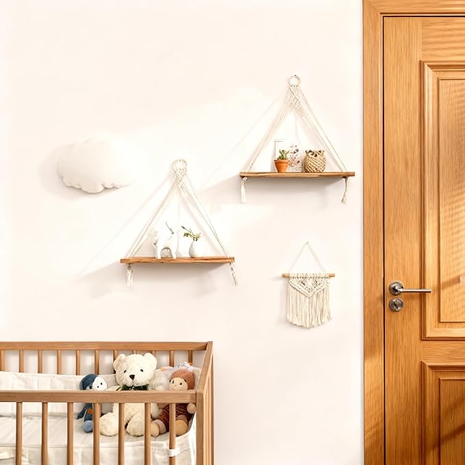 Boho Macrame Hanging Wall Shelves Set of 2 - Rustic Wood Triangular Floating Storage Shelf for Bedroom Bathroom Living Room Nursery Dorm - Boho Room Deco