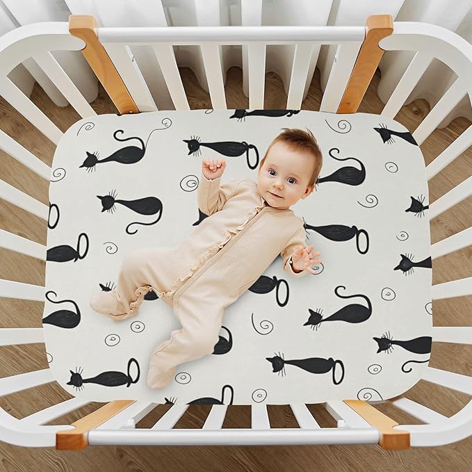 Crib Sheet, Unisex Crib Sheet, Soft and Comfortable for Standard Crib and Toddler Mattress, Black Cat