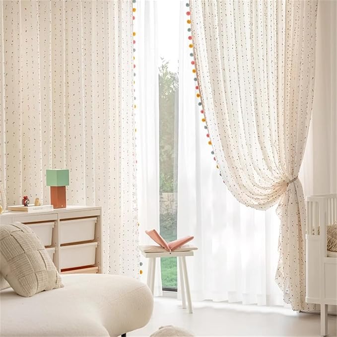Boho Rainbow Sheer Curtain with Colorful Pom Pom Voile Drapes Light Filtering Faux Linen Stripe Pompom Rod Pocket Window Drapes for Boys /Girls Bedroom/Nursery 2 Panels (W52 X L84 Inch-2PCS,White)