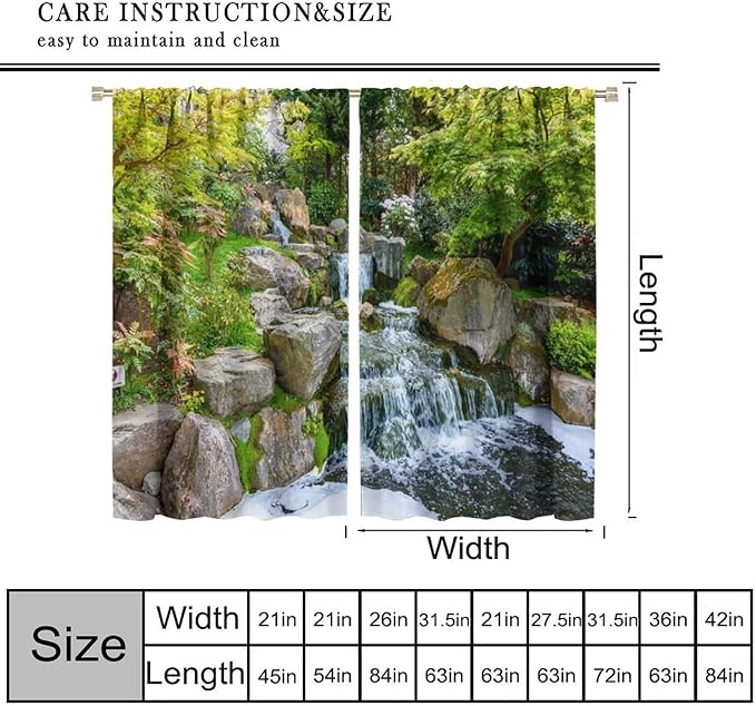 Forest Waterfall Blackout Curtains, Natural Landscape Forest Trees Waterfall Scenery PrintWindow Drapes, for Living Room Bedroom 55" W X 63" L