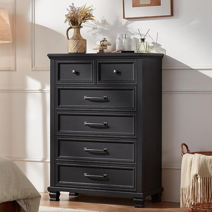 Farmhouse Bedroom Dresser and Nightstand Set of 4, 6 Drawer Tall & 5 Drawers Dresser & 3 Drawer Nightstand Set with Wooden Legs, Rustic Wood Furniture for Bedroom, Hallway, Black