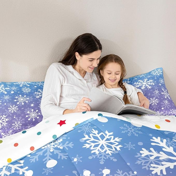Feelyou Blue and Purple Snowflake Bedding Set Soft for Boys Girls, Winter Snowflake Comforter Set Toddler Size Christmas Duvet Quilt Holiday New Year Bedroom Decor 2 Pcs with 1 Pillow Cases