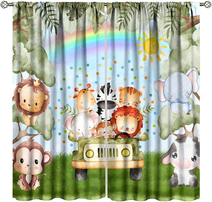 Woodland Kids Curtains Rustic Woodland Wild Animals Watercolor Forest Rainbow Sun Window Draeps for Baby Girls Boys Kids Nursery Bedroom Living Room 2 Panels, 84x84 Inch