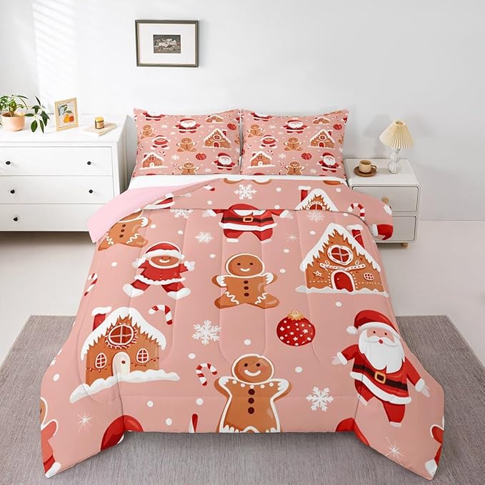 Feelyou Christmas Kids Comforter Set Twin Size Santa Bedding Set Gingerbread Man Duvet Quilt for Kids Boys Girls Bedroom Snowflake Decor Microfiber Ultra Soft Breathable