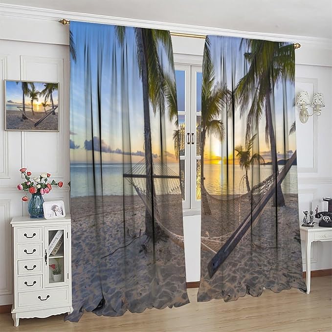 Ocean Beach Curtains,Morning Sunrise Hawaiian Seaside Scene Pattern Blackout Print Home Bedroom Living Room Window Treatments 2 Panel Set 52x84 Inch