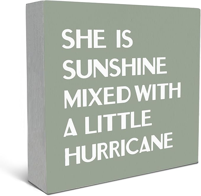 SRADMO She Is Sunshine Mixed with a Little Hurricane Boho Purple Wood Box Sign Desk Decor, Baby Girls Inspirational Wooden Box Decor for Girls Room Nursery Shelf Table Decorative Accessories (Green)