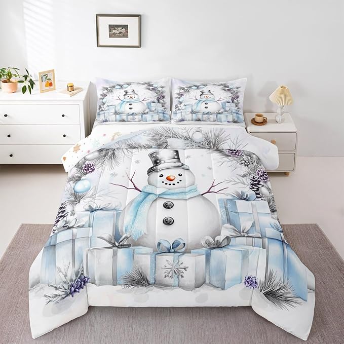 Feelyou Merry Christmas Kids Comforter Set Full Size Cute Snowman Bedding Set Duvet Quilt for Kids Boys Girls Bedroom Snowflake Decor Microfiber Ultra Soft Breathable
