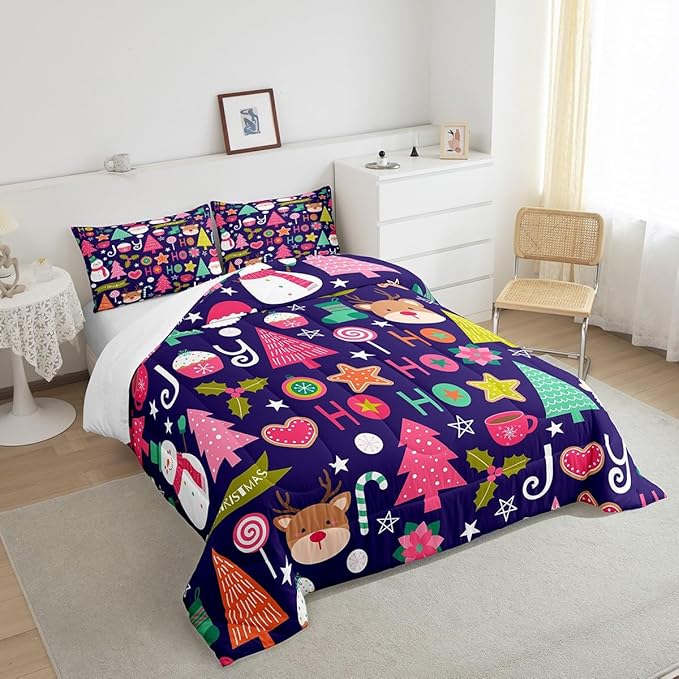 Merry Christmas Kids Comforter Set Queen Size,Cartoon Santa Claus Snowman Bedding Set,Boys Girls Adults Room Decor,Pines Deer Cute Xmas Down Comforter,Colorful Romantic Duvet Insert,2 Pillowcases