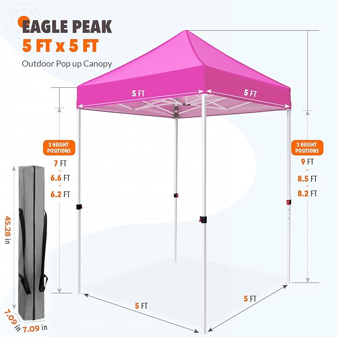 EAGLE PEAK 5x5 Pop Up Canopy Tent Instant Outdoor Canopy Easy Set-up Straight Leg Folding Shelter, Pink