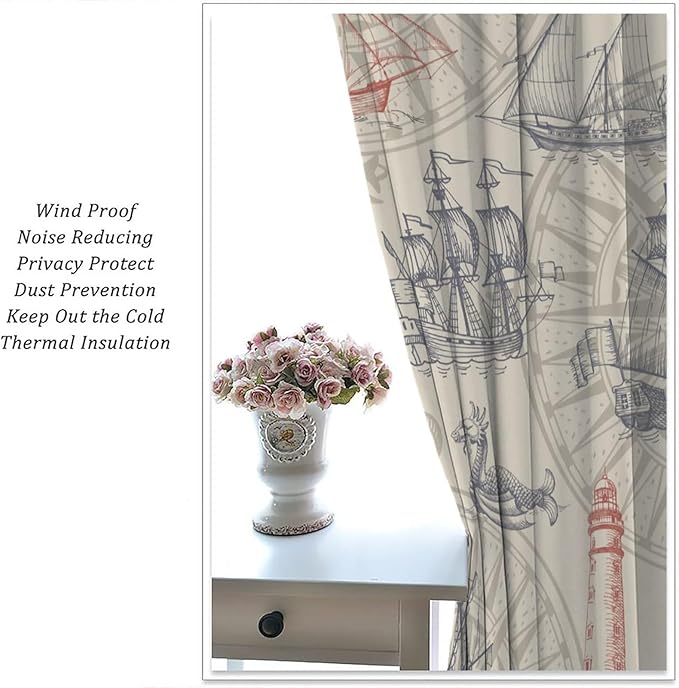 Abstract Nautical Curtain Set Seahorse Curtain for Kids Yellow Polyester Fabric Bedroom Curtain Set 2 Panels,52x84 Inches