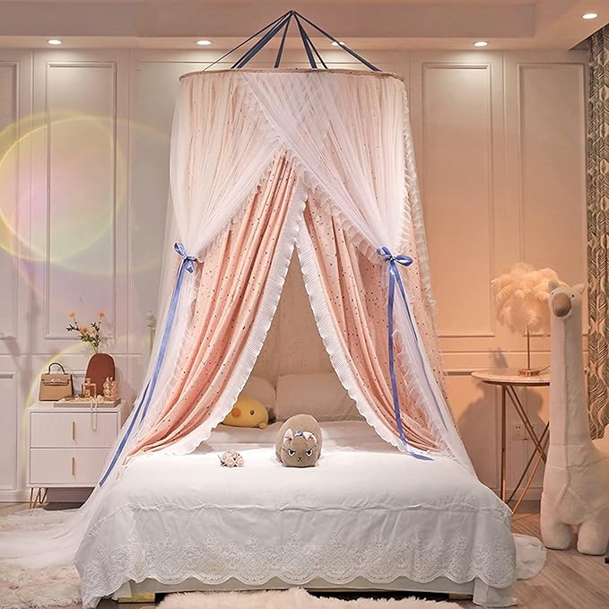 Kertnic Luxurious Bed Canopy for Girls & Adults, Large Elegant Double Layer Bed Curtain Canopy Drapes, Round Dome Lace Princess Canopies Netting (Star)