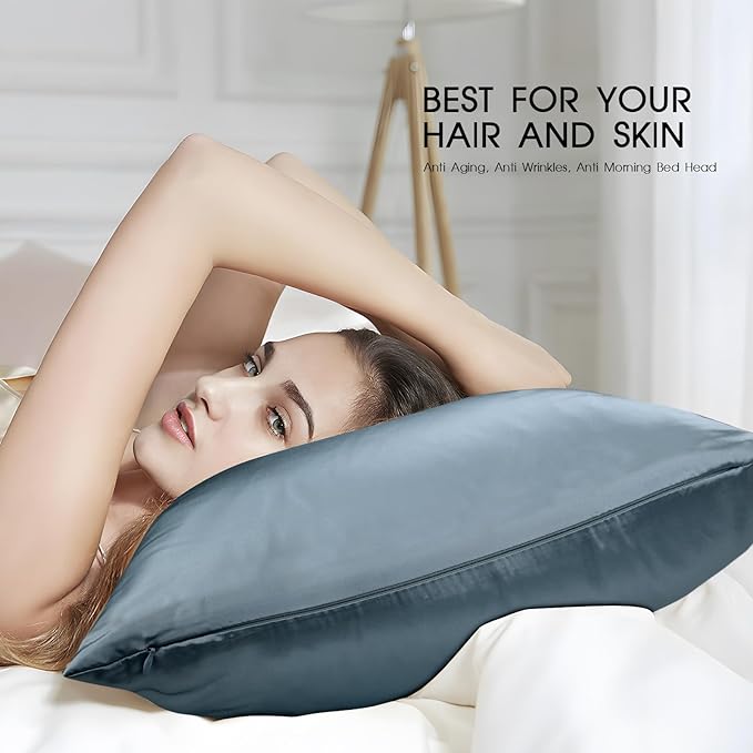 100% Mulberry Silk Pillowcase for Hair and Skin,Both Sides Natural Silk Bed Pillow Case with Hidden Zipper,19 Momme Grade 6A,1pc,Ash Blue,Standard Size 20x26 Inches