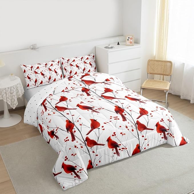 Feelyou Berries and Cardinals Pattern Comforter Set All Season Red Cardinal Bedding Set with 1 Pillow Cases Christmas Kids Toddler Bedclothes Bird Print Decor Animal Decor Duvet Quilt Soft