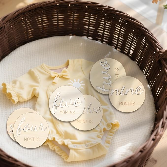 Baby Monthly Milestone Marker Discs - Wooden 3D Double-Sided Baby Announcement Sign, Gender Neutral Announcement Cards for Newborn Boys and Girls 1-12 Months Photography Props