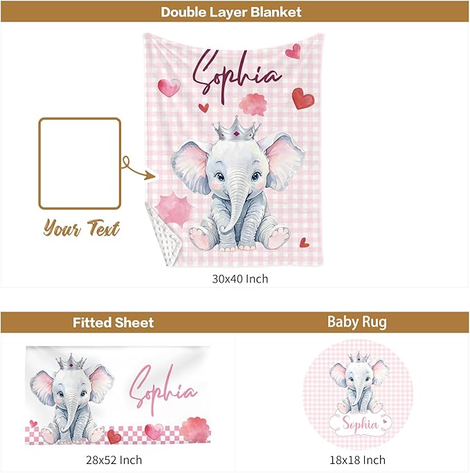 Custom Baby Crib Bedding Set, 3 Pcs Personalized Nursery Bedding Set with Name, Soft Baby Bedding Crib Sets with Blanket - Toddler Crib Set for Girl Boy, Infant Newborn Gift, Pink Cute Elephant