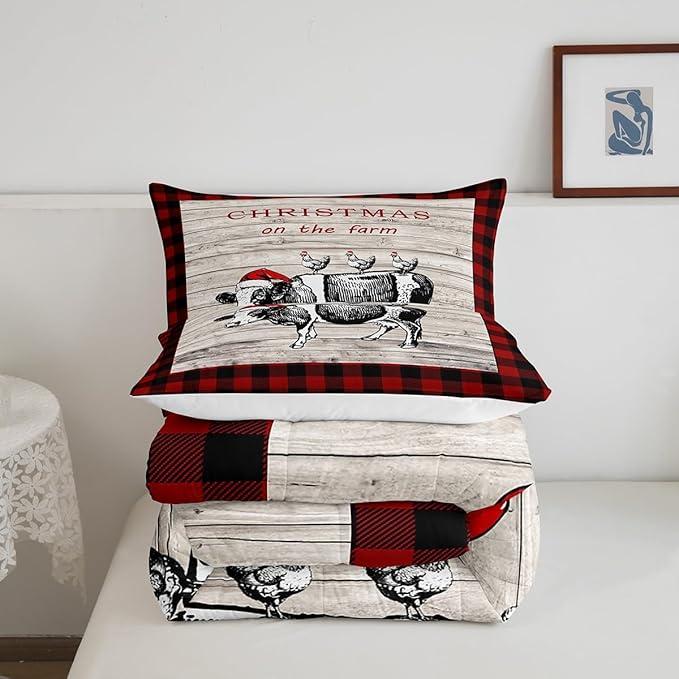 Christmas Farm Boys Kids Comforter Set Full Size,Vintage Wooden Plank Red Grids Duvet Set Room Decor,Cartoon Cow Chicken Brushed Microfiber Soft Bedding Comforter
