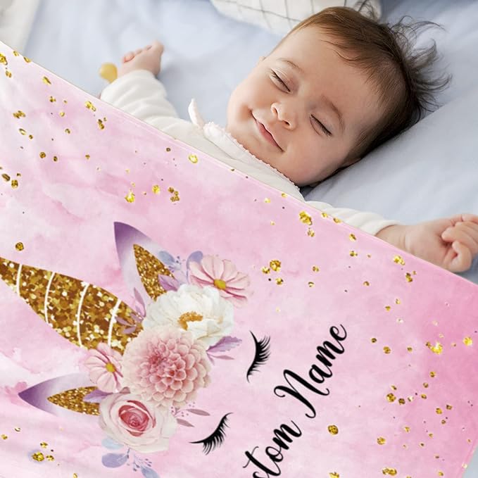 Personalized Unicorn Blanket with Name for Girl, Custom Name Blanket for Teen, Soft Flannel Pink Unicorn Toddler Blanket Customized Gift for Birthday New Year Gift 50''x60''
