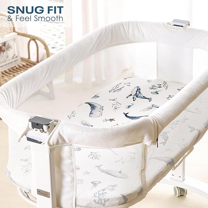 GRSSDER Stretchy Ultra Soft Fitted Bassinet Sheet Set 2 Pack, Universal Fit for Bassinets Baby Cradle Moses Basket Oval Rectangle Mattress Safe and Snug, Sea Fish & Space Stylish Print