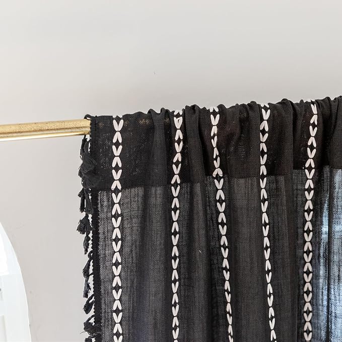 Deeprove Black Boho Curtains 63 inches Length for Kitchen, Vintage Bohemian Embroidery Farmhouse Cotton Linen French Country Tassel Window Treatments Gothic Halloween Decor, W52 x L63, 1 Panel
