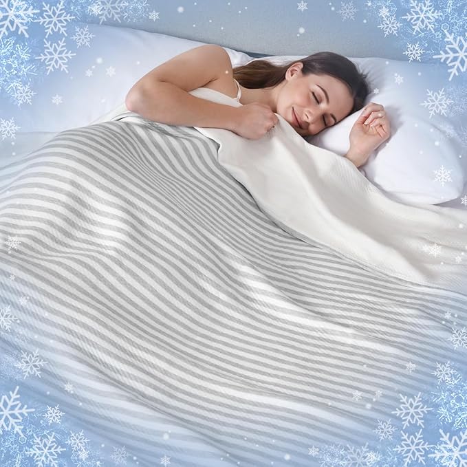 KAWAHOME 3D Air Mesh Cooling Lightweight Summer Blanket Twin Size for Hot Sleepers, Double-Layer Rayon Material and Breathable Stretchy Blankets for Bed, Couch, 66x90 inches, Grey Striped