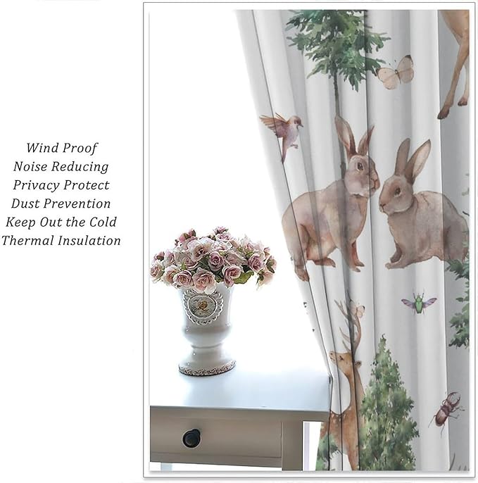 YCness Forest Animal Curtains, Wild Animals Watercolor Woodland Bear Rabbit Cartoon Window Treatments for Kids Bedroom Living Room Kitchen Living Room Drapes, 42x63 Inch