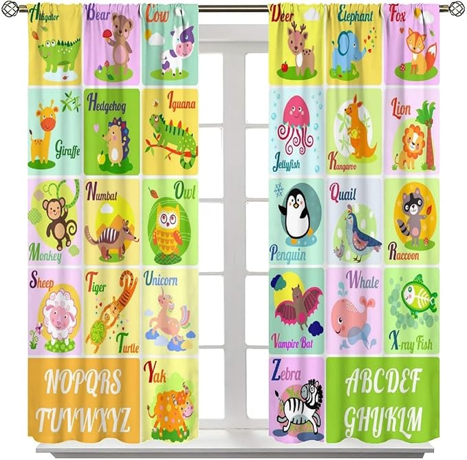 Kids Alphabet Letter Curtains Funny Education School Cute Cartoon Animal Printed Curtain with Rod Pocket for Bedroom Living Room Home Drapes Window Treatments 2 Panels Set 72" W X 63" L