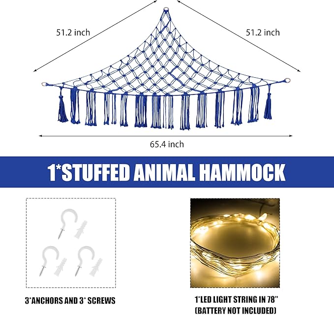 Stuffed Animal Hammock with LED Light, Large Stuffed Animals Storage Corner Plushie Net for Kids Room Decor, Jumbo Royal Blue