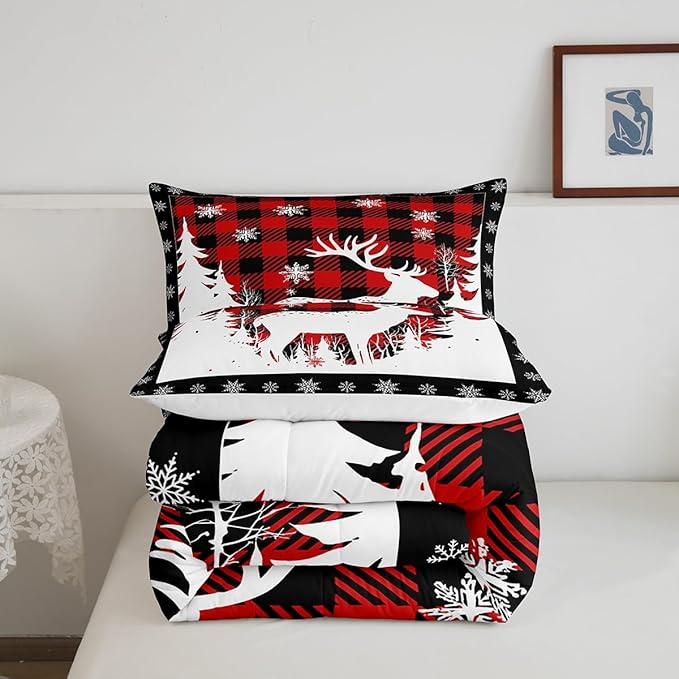 Manfei Christmas Comforter Set King Size, Xmas Deer Tree Snowflake Print Bedding Set 3pcs for Kids Boys Girls Bedroom Decor, Black Red Plaid Print Quilt Set with 2 Pillowcases