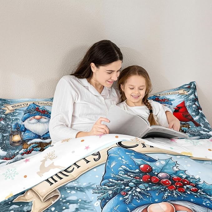 Kawaii Santa Claus Girls Bedding Set Twin Size,Poinsettia Cardinal Christmas Birds Comforter Set,Holly Berry Winter Snowflake Quilt Comforter Girl Boy Teens,Blue Red Room Decor All Season,1 Pillowcase