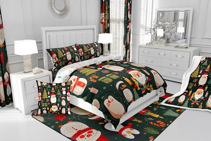 Feelyou Christmas Bedding Set Soft for Boys Girls, Penguin Santa Comforter Set Queen Size Xmas Tree Snowflake Duvet Quilt Microfiber New Year Gift Bedroom Decor 3 Pcs with 2 Pillow Cases