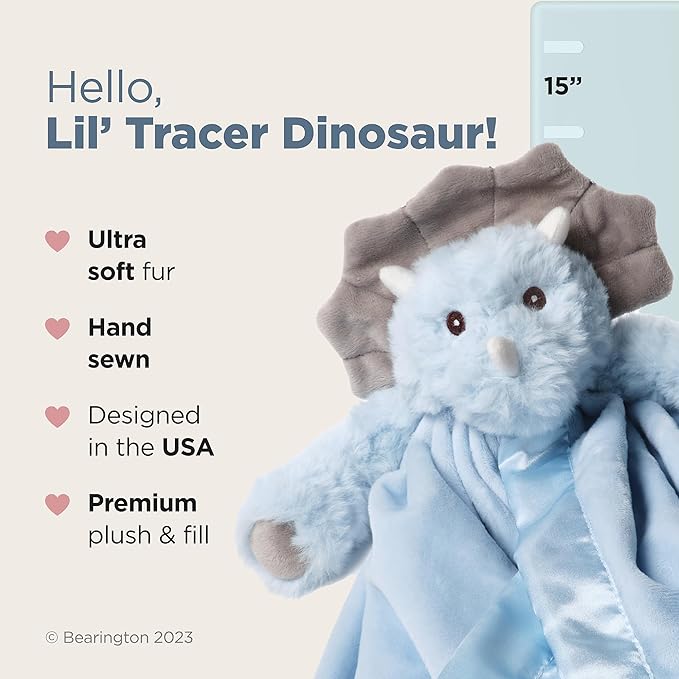 Bearington Lil’ Tracer Dinosaur Loveys for Babies - 15" Soft and Cuddly Baby Security Blanket with Satin Trim - Light Blue Lovies for Baby Girls and Boys - Comfort Toy and Snuggle Buddy for Newborns
