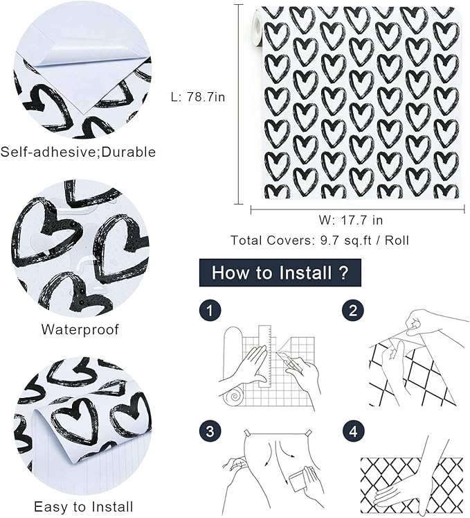 Timeet Modern Heart Peel and Stick Wallpaper - Self Adhesive, 17.7"x78.7", Black and White, Removable, Decorative for Bedroom, Living Room, Bathroom