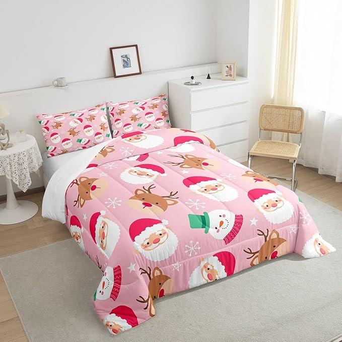 Cartoon Santa Claus Kids Comforter Set Queen Size,Cute Snowman Deer Xmas Bedding Set,Boys Girls Adults Room Decor,Merry Christmas Snowflake Down Comforter,Pink Romantic Duvet Insert,2 Pillowcases