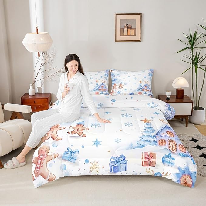 jejeloiu Kids Christmas Theme Comforter Set Twin Size Blue Xmas Gingerbread Man Bedding Set for Boys Girls Teens Candy House Snowflake Winter Happy New Year Duvet Quilt Room Decor