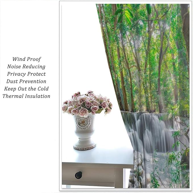 Forest Waterfall Blackout Curtains, Scene Nature Theme Mountain Stream Scenery Print Window Drapes, for Bedroom Living Room 42" W X 45" L
