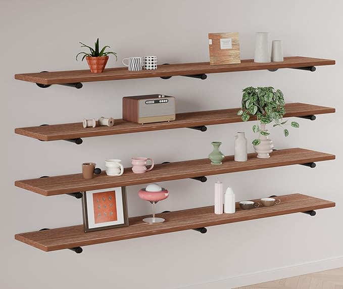 IEO Floating Shelves for Wall Shelf 60 inches Long 11.8" Extra Width Farmhouse Bathroom Decor Bedroom Kitchen Shelves Living Room Wall Mounted Set of 4, Rustic Brown Soild Wood
