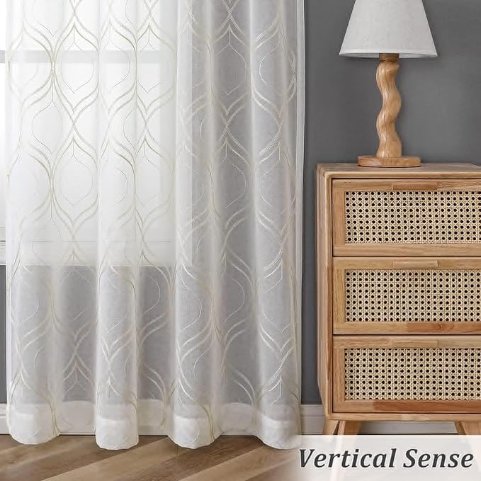 VISIONTEX White Sheer Curtains 120 Inches Long 2 Panels Set Beige Moroccan Embroidered Curtains Trellis French Textured Rod Pocket Voile Tulle Semi Window Drapes for Bedroom Living Room 54 x 120 Inch