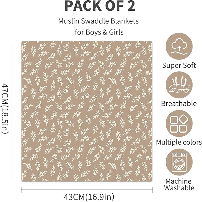 Baby Muslin Swaddle Blankets,2 Pack Receiving Blanket Baby Girl & boy,Large47 x 43 inches,Soft & Skin Friendly Swaddle Blanket Wrap(Brown)