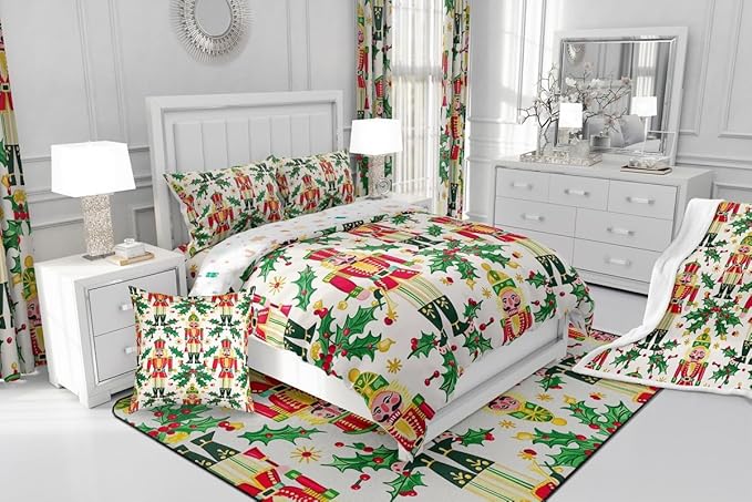 Feelyou Merry Christmas Bedding Set Soft for Boys Girls, Nutcracker Comforter Set Queen Size Holly Leaves Duvet Quilt Microfiber Red Berries Bedroom Decor 3 Pcs with 2 Pillow Cases