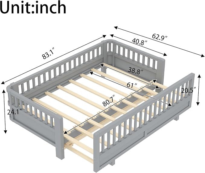 Bellemave Queen Floor Bed or Twin XL Montessori Floor beds for Kids, Twin XL Can Be Converted into a Queen Platform Bed, Gray