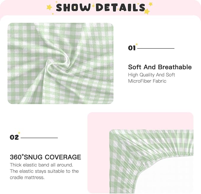 Green Gingham Checkered Crib Sheets for Boys and Girls, Fitted Baby Crib Sheet Soft Crib Mattress Sheets 52 X 28 Inches