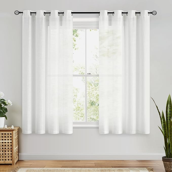 FMFUNCTEX Linen Semi Sheer Curtains for Bedroom, White Curtains 45 Inches Long for Living Room, Country Farmhouse Sheer Short Drapes, Light Filtering Window Curtain, Grommet Top 2 Panels