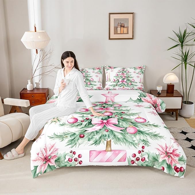 Feelyou Pink Christmas Comforter Set Full Size Xmas Tree Bedding Set for Kids Boys Girls Xmas Ornaments Duvet Quilt Snowflake Bow Bedroom Decor Microfiber 3 Pcs with 2 Pillow Cases