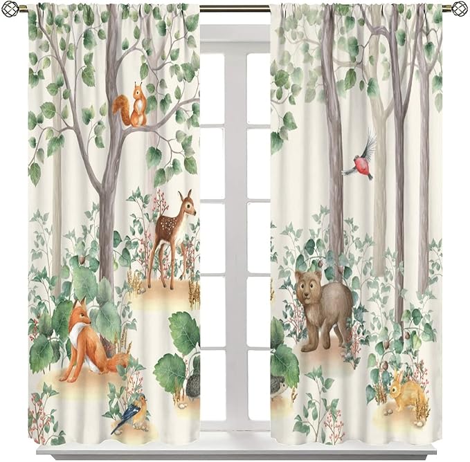 Forest Animal Curtains,Fox Elk Bird Animal Watercolor Woodland Print Curtains Kids Nursery Bedroom Living Room Home Decoration 42x54 Inch