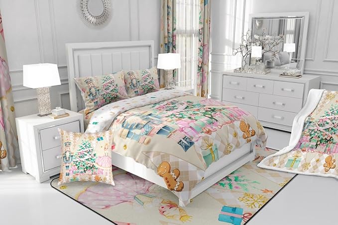 jejeloiu Christmas Nutcracker Comforter Set Toddler Size Gingerbread Man Bedding Set for Kids Boys Girls Xmas Tree Duvet Quilt Beige Bedroom Decor