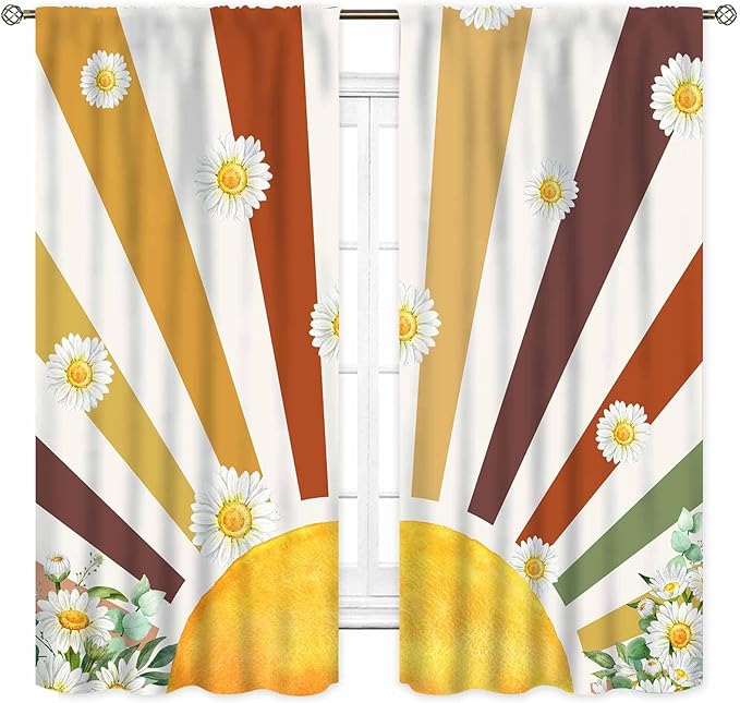Boho Rainbow Curtains, Watercolor Bohemian Modern Abstract Daisy Floral Abstract Aesthetic Rainbow Blackout Window Treatments for Kids Girls Baby Bedroom Living Room Bathroom 2 Panels, 52"x84" Inch