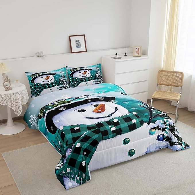 Feelyou Kids Christmas Theme Decorations Bedding Set Xmas Snowman Comforter Set for Boys Girls Snowflake Kawaii Cute Comforter Watercolor Teal Quilt Set Bedroom Collection Toddler Size