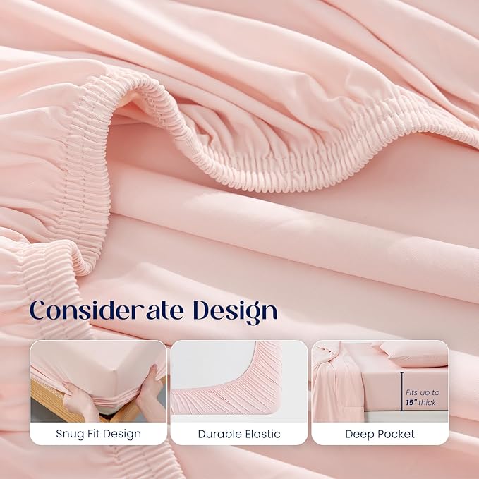 Dream Valley® Queen Sheet Set, Cooling Fitted Sheet with 2 Pillowcase-3 PCS with No Flat Sheet,Q-Max > 0.4 Aerocool, Cooling for Night Sweats, Hot Sleepers,deep Pocket up to 15",Pink Blush